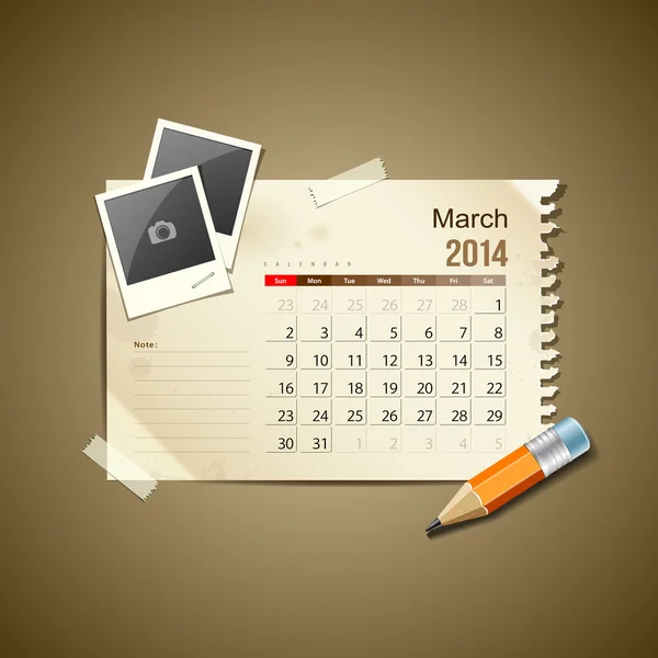 Calendar March 2014, vintage paper note — Stock Vector