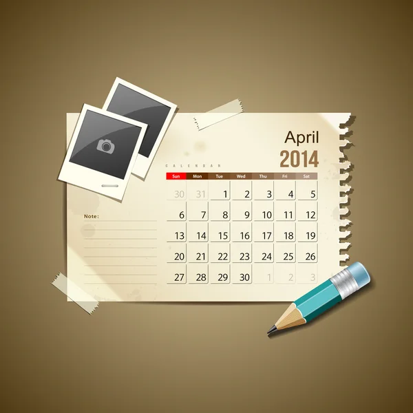 Kalender april 2014, vintage papier opmerking — Stockvector