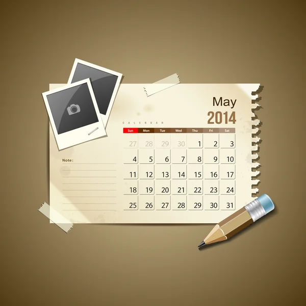 Calendario Maggio 2014, nota di carta vintage — Vettoriale Stock