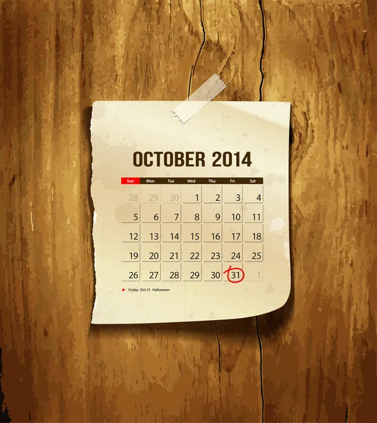 Calendário Outubro 2014 — Vetor de Stock