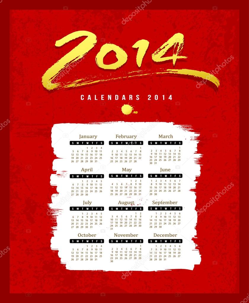 Calendar 2014 text paint brush on red background