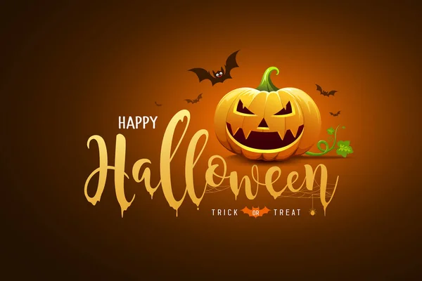 Glad Halloween Text Design Och Pumpa Leende Och Bat Orange — Stock vektor