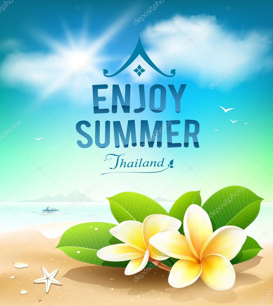 Plumeria flowers, enjoy summer greeting card on beach Thailand