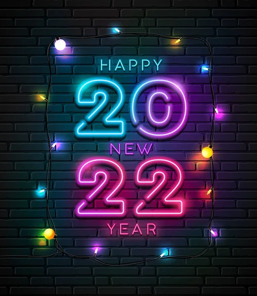 2022ネオンライト番号幸せな新年とブロック壁の背景に夜のデザインでカラフルな電球の光 Eps 10ベクトルのイラスト — ストックベクタ