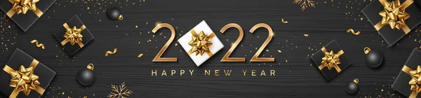 2022年新年快乐文本 带有黑色礼品盒和金色缎带 黑木背景概念设计 Eps 10矢量插图 — 图库矢量图片