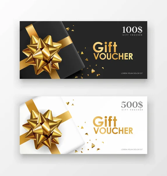 Gift Vouchers Gift Box Golden Ribbon Black White Paper Concept — Stock Vector