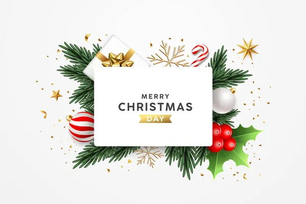Boldog Karácsonyi Dísz Banner Fehér Papír Üdvözlőlap Design Fehér Háttér — Stock Vector
