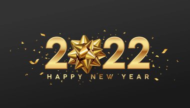 2022 Mutlu yıllar, altın kurdele, siyah arkaplan tasarımı, Eps 10 vektör illüstrasyonu