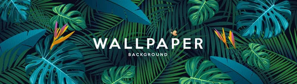 Tropik Yeşil Yaprak Duvar Kağıdı Pankartı Tasarımı Arka Plan Eps — Stok Vektör