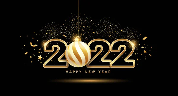 2022年新年快乐 金球装饰品和金色缎带 黑色夜晚背景的烟火 Eps 10矢量插图 — 图库矢量图片