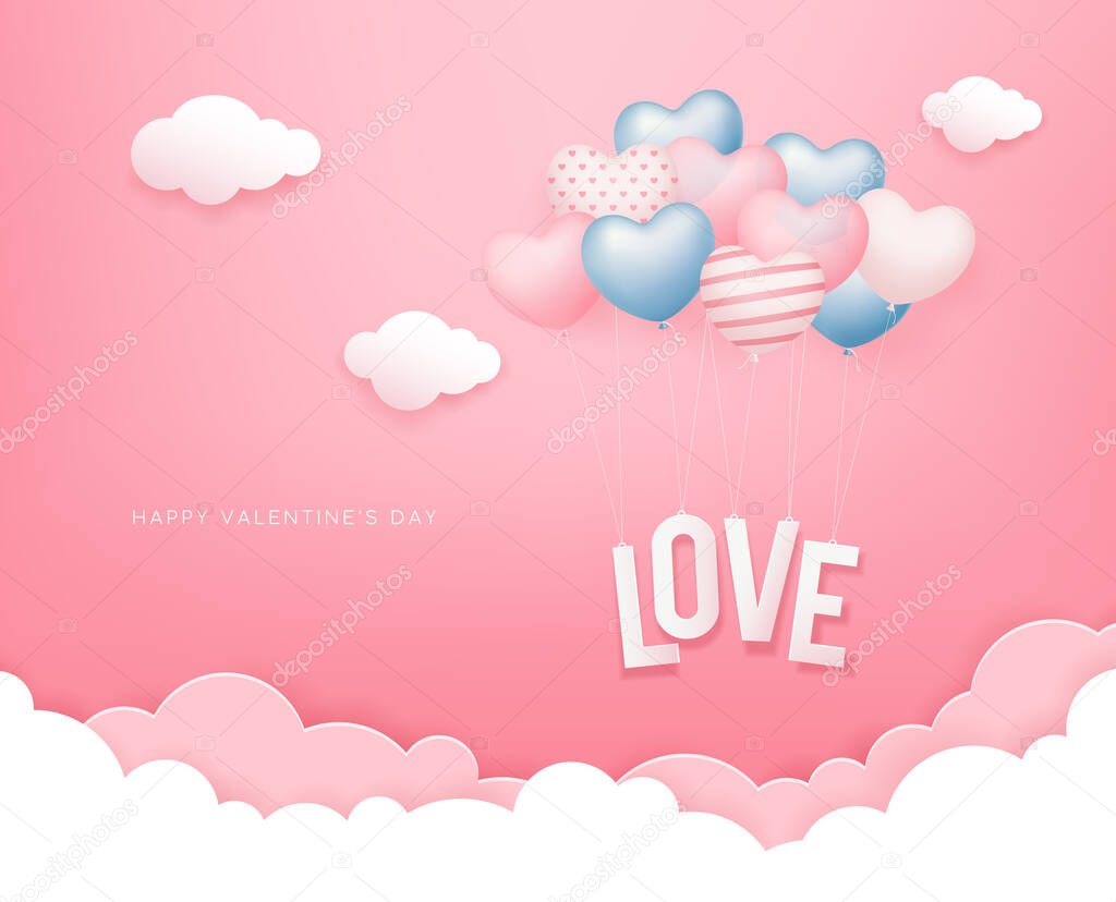 Valentines day, Balloon heart love message paper cut concept design on cloud pink background, Eps 10 vector illustration