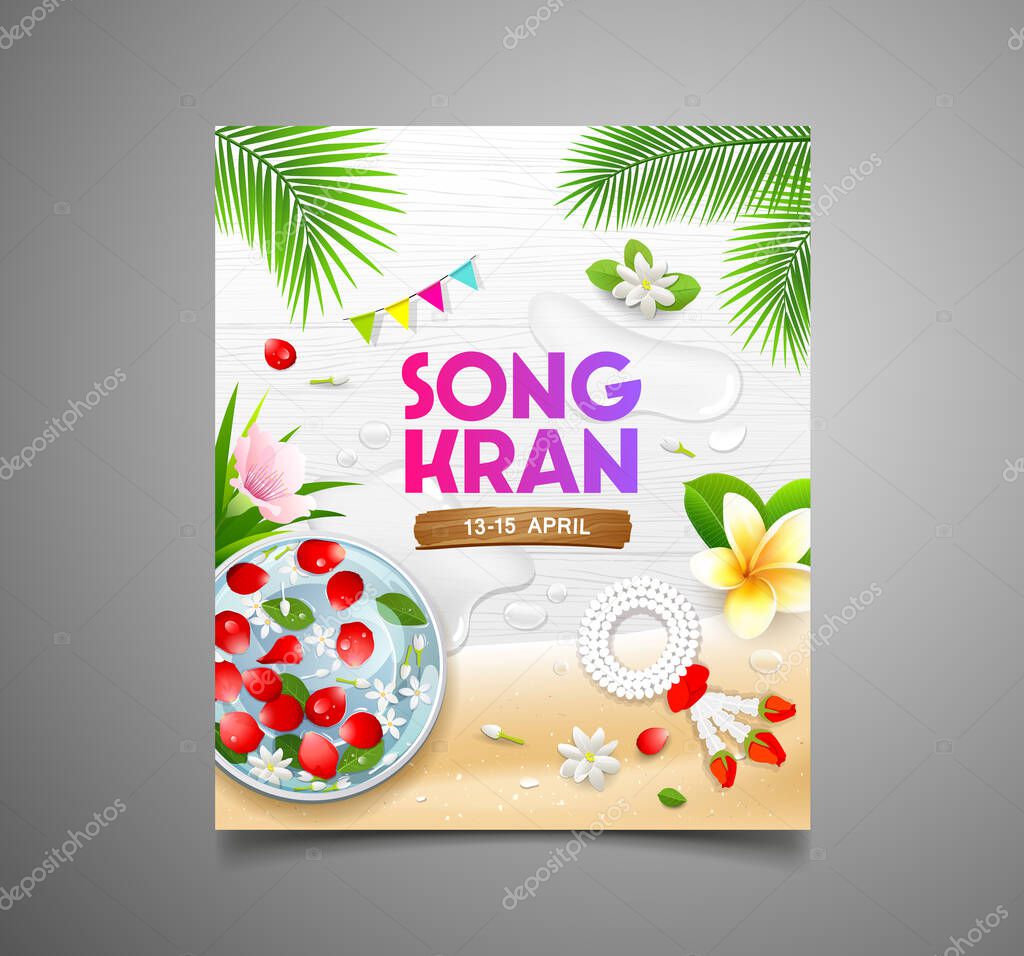 Songkran festival thailand rose petals in bowl and thai flowers coconut leaf, poster flyer design on white wood background, EPS 10, vector illustration