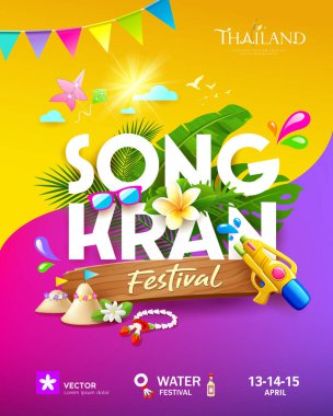 Songkran festivali Tayland yazı tropikal yaprağı, silah suyu ve Tayland çiçeği, sarı ve mor arka planda poster tasarımı, Eps 10 vektör illüstrasyonu
