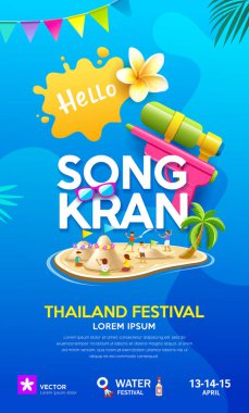 Songkran günü, Tayland festivali su tabancası ve çocuk mavi arka planda kum pagoda yaz afişi tasarımı oynuyorlar, EPS 10 vektör illüstrasyonu