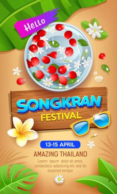 Songkran su festivali Tayland, muz yapraklı gül yaprakları, kum kahverengi arka planda poster tasarımı, EPS 10, vektör illüstrasyonu