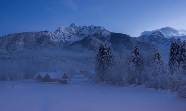 Pôr Sol Inverno Místico Nas Montanhas Depois Uma Neve Fresca — Fotografia de Stock