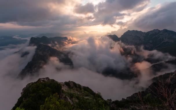 Έντονη Ανατολή Στα Βουνά Ομίχλη Στην Κοιλάδα Timelapse Της Ομίχλης — Αρχείο Βίντεο