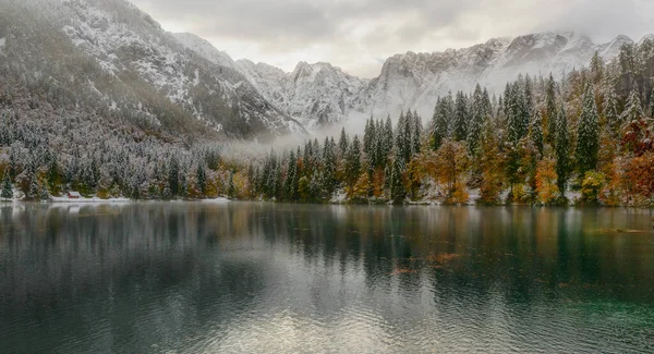 当秋天在湖面上与冬天相遇时 湖面上一片平静的水面映衬着完美的倒影 秋天的树 有新鲜的雪和雾 — 图库照片