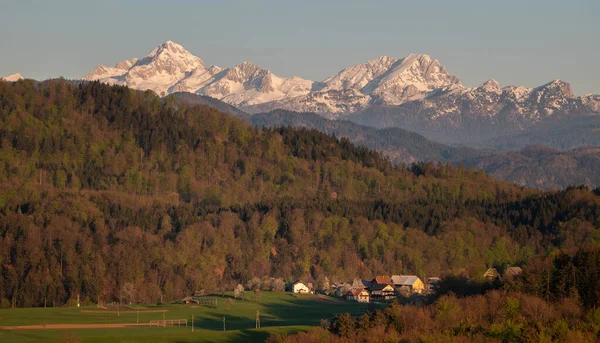 Aerial View Fog Valley Countryside Beautiful Spring Sunrise Slovenia — Stock Photo, Image