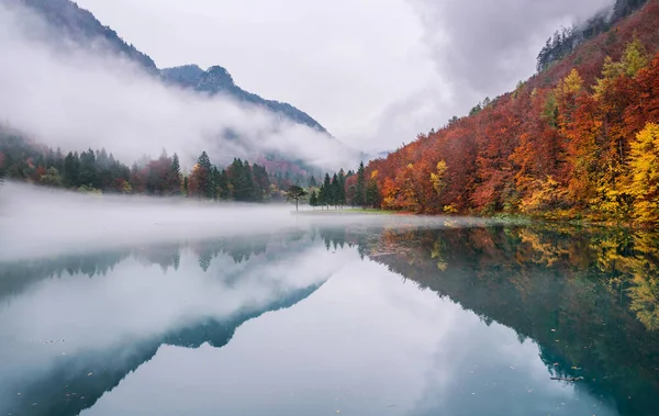 在翡翠湖秋天的几点思考 位置是在斯洛文尼亚的 Zavrsnica — 图库照片