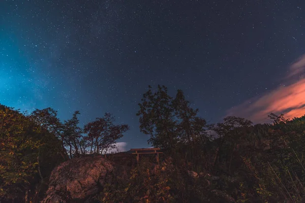 Bench Erdőben Egy Csillagos Éjszaka Alatt Bled Feletti Ojstrica Kilátóhelyen — Stock Fotó