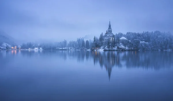 Lago Bled Dia Inverno Nebuloso Nublado — Fotografia de Stock