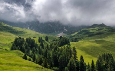 Dolomitlerdeki Seiser Alm 'daki kır evleri ve manzaralar.