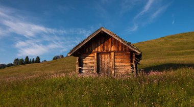 İtalyan Dolomitlerindeki Alpe di Siusi 'nin çayırlarında güzel bir gün doğumu.