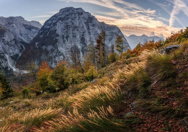 Jesień Dolinie Trenty Górach Alp Julijskich — Zdjęcie stockowe