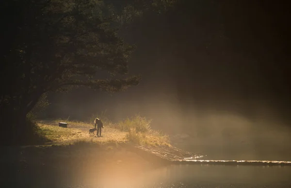 Γυναίκα Και Σκύλος Της Περπατούν Στη Λίμνη Μέσα Στην Πρωινή — Φωτογραφία Αρχείου