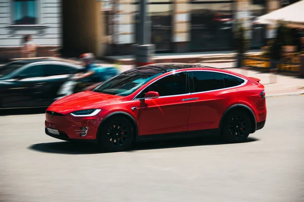 Kiev Ukraine June 2021 Tesla Model Red Electric Car Road — Stok fotoğraf