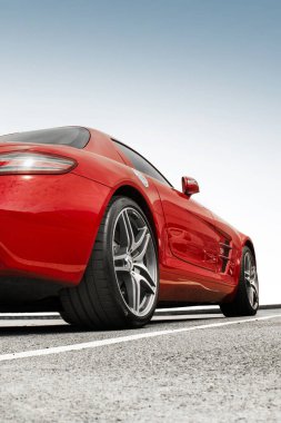 Kiev, Ukrayna - 19 Mayıs 2020: Lüks süper araba Mercedes-Benz SLS AMG gökyüzüne karşı. Duvar kağıdı. Satılık. Reklam için. Kırmızı süper araba