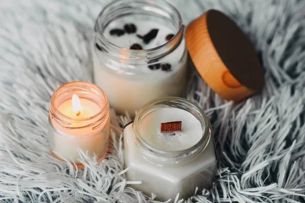 Scented Candles Interior Interior Details Milky Cold Colors Combination Warm — Zdjęcie stockowe