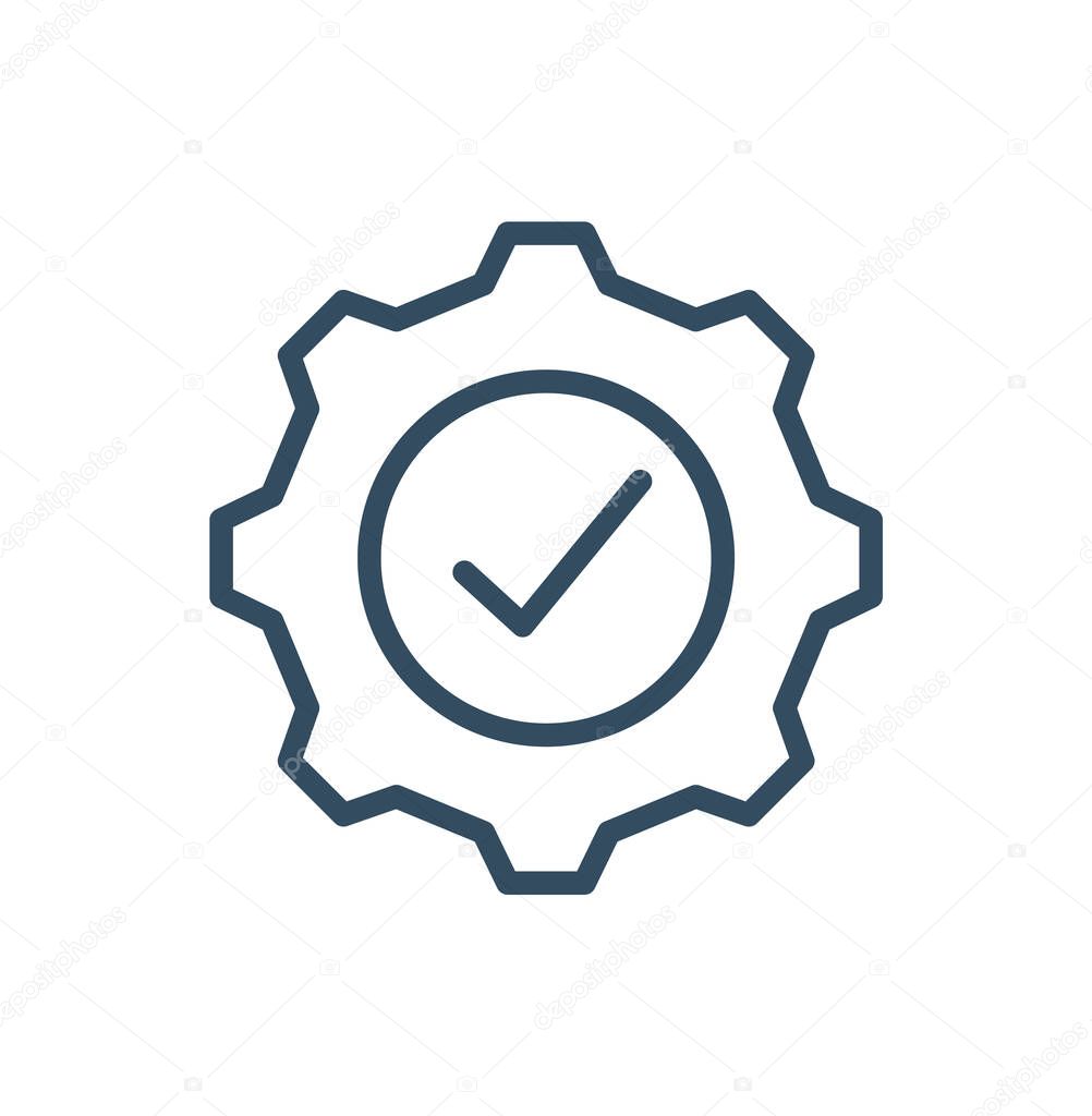 Gear with check mark vector icon in thin line style