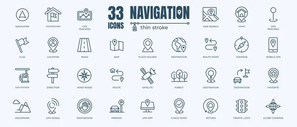 Navigation Icon Set Editable Stroke White Background Thin Line Style — Stok Vektör
