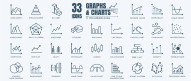 Grafik ve diyagram basit bir Set vektör hat simgeleri ile ilgili. Pasta grafik, grafik, istatistik, sütun grafiği olarak böyle simgeler içerir