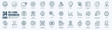 Global Business düzenlenebilir resim gramı ve minimal ince çizgi web simgesi seti. Taslak simge koleksiyonu. Basit vektör işareti. 48x48 Piksel Mükemmel
