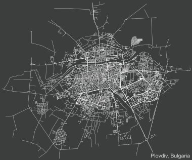 Bulgaristan 'ın bölgesel başkenti Filibe' nin koyu gri arkaplan üzerindeki şehir yolları ayrıntılı olumsuz seyrüsefer haritası