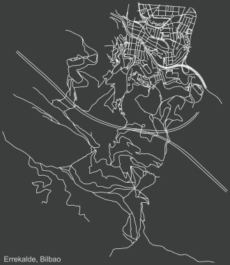 İspanya 'nın başkenti Bilbao' nun Errekalde semtinin koyu gri arka planı üzerinde ayrıntılı olumsuz seyrüsefer şehir yolları haritası