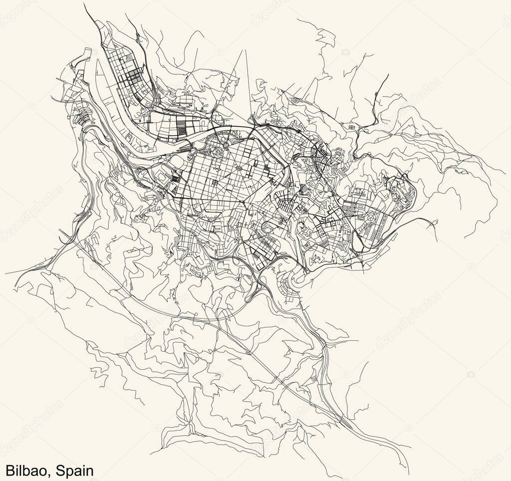Detailed navigation urban street roads map on vintage beige background of the Spanish regional capital city of Bilbao, Spain