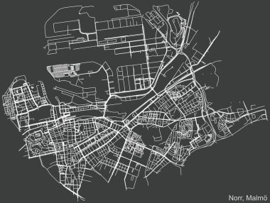 İsveç 'in bölgesel başkenti Malm' ın çeyrek Norr (Kuzey) bölgesinin koyu gri arkaplan üzerinde ayrıntılı negatif navigasyon kentsel yol haritası