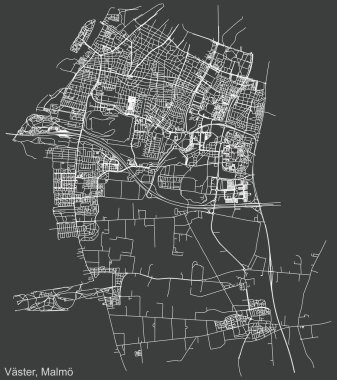 İsveç 'in bölgesel başkenti Malm' ın çeyrek Vster (Batı) bölgesinin koyu gri arka planı üzerinde ayrıntılı olumsuz navigasyon kentsel yol haritası