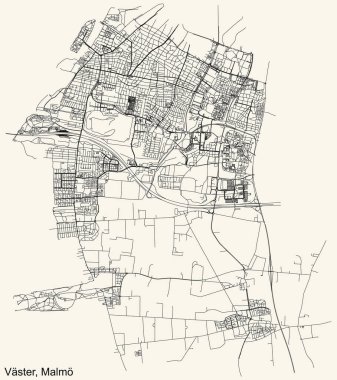 İsveç 'in bölgesel başkenti Malm, İsveç' in çeyrek Vster (Batı) bölgesinin klasik bej arka planı üzerinde ayrıntılı navigasyon kentsel yol haritası