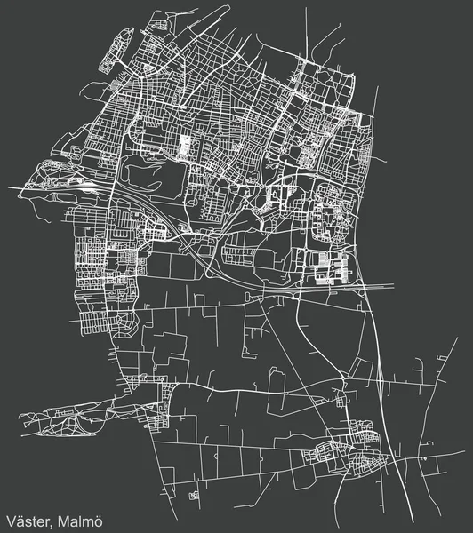 İsveç 'in bölgesel başkenti Malm' ın çeyrek Vster (Batı) bölgesinin koyu gri arka planı üzerinde ayrıntılı olumsuz navigasyon kentsel yol haritası