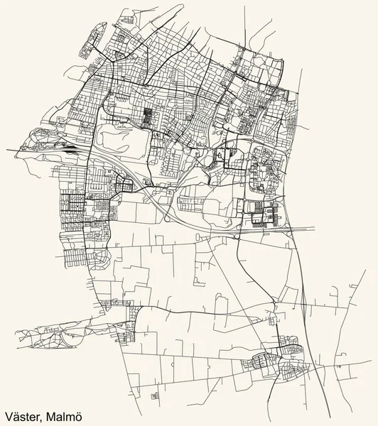 İsveç 'in bölgesel başkenti Malm, İsveç' in çeyrek Vster (Batı) bölgesinin klasik bej arka planı üzerinde ayrıntılı navigasyon kentsel yol haritası