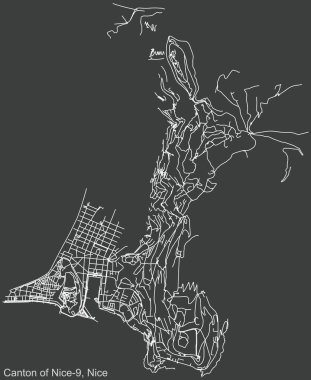 Fransa 'nın başkenti Nice' in Nice-9 Kantonu 'nun çeyrek kantonunun koyu gri arka planında ayrıntılı negatif navigasyon şehir yolları haritası