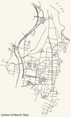 Fransa 'nın başkenti Nice' in Nice-8 Kantonu 'nun çeyrek kantonunun klasik bej arka planında ayrıntılı navigasyon şehir yolları haritası