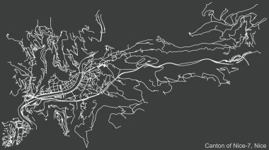 Fransa 'nın başkenti Nice' in Nice-7 Kantonu 'nun çeyrek kantonunun koyu gri arka planında ayrıntılı negatif navigasyon şehir yolları haritası