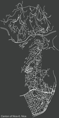 Fransa 'nın başkenti Nice' in Nice-6 Kantonu 'nun çeyrek kantonunun koyu gri arka planında ayrıntılı negatif navigasyon şehir yolları haritası