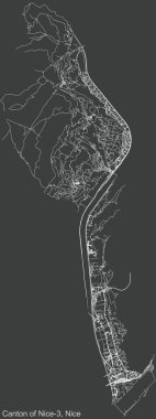 Fransa 'nın başkenti Nice' in Nice-3 Kantonu 'nun çeyrek kantonunun koyu gri arka planında detaylı bir negatif navigasyon şehir yolları haritası.
